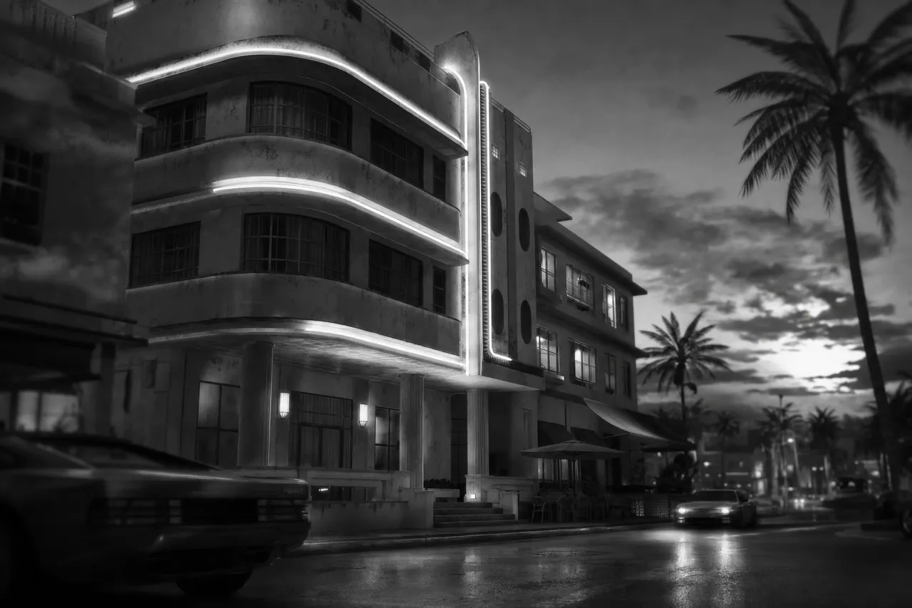 Black and white cinematic view of a weathered art deco hotel facade with curved balconies and glowing neon trim at dusk
