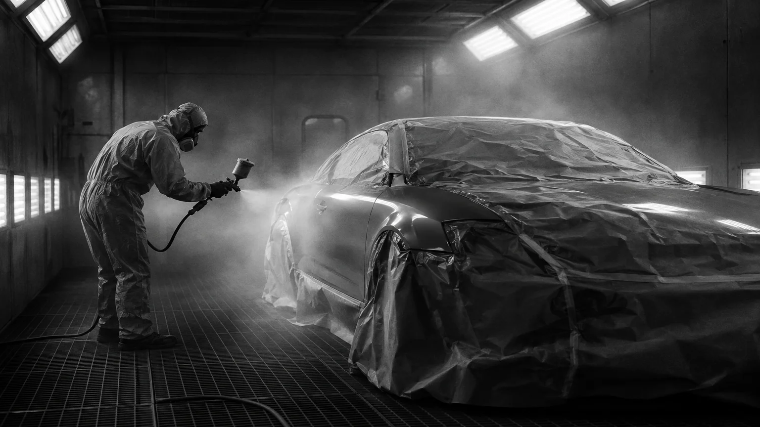 Black and white cinematic photograph of a car masked with paper in a spray booth, mist hanging in the air