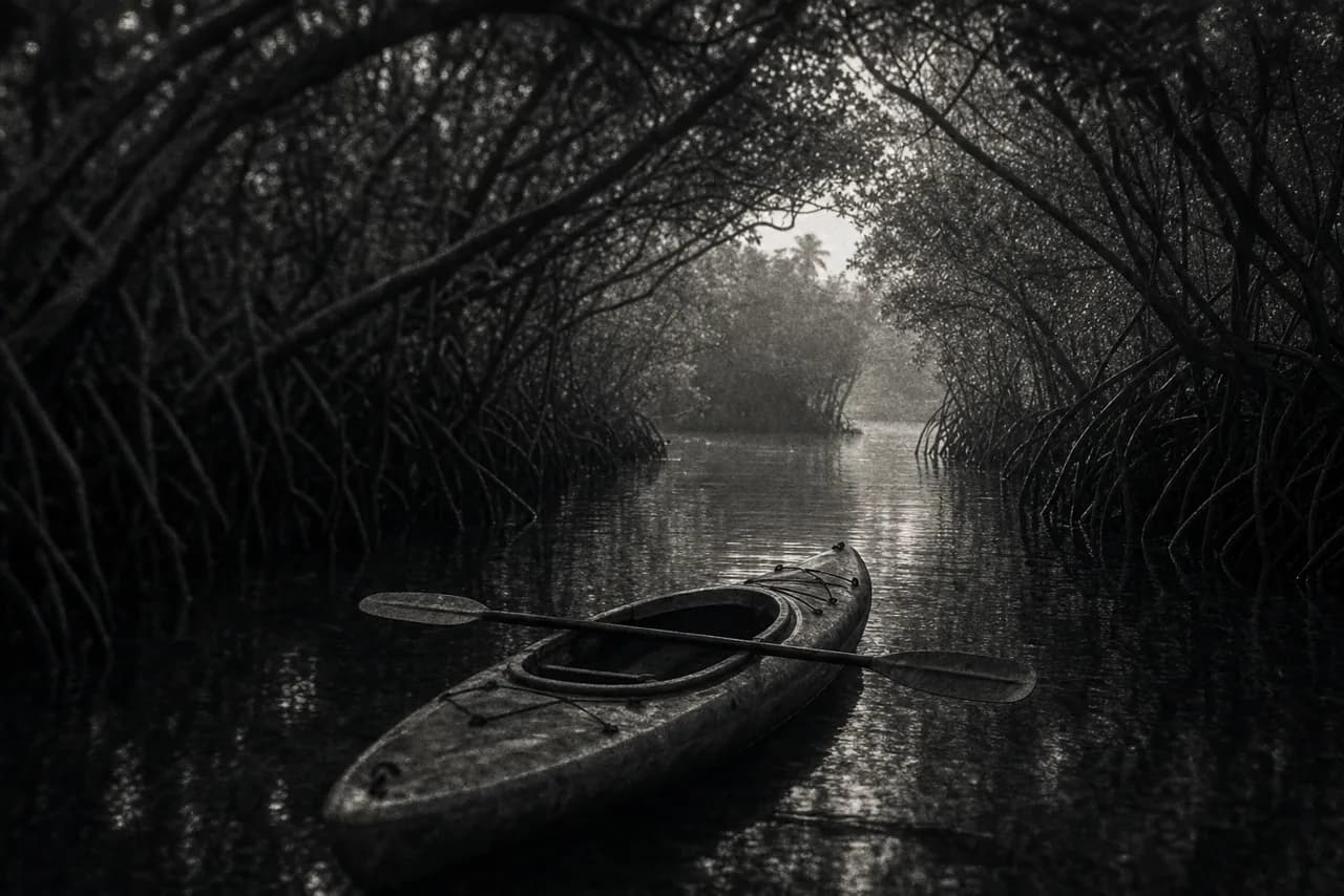 Black and white kayak with a paddle resting across it drifting through a calm mangrove tunnel with dappled light