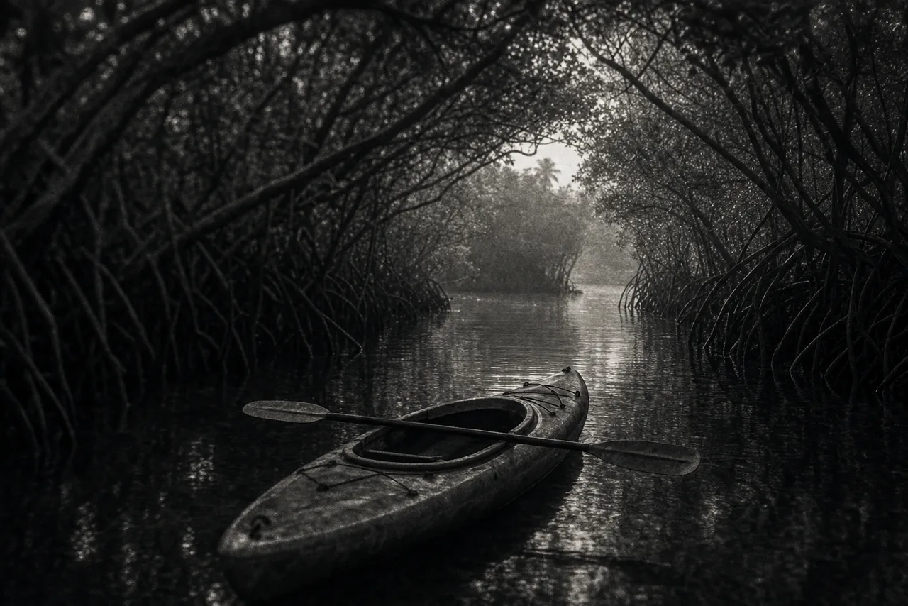 Black and white kayak with a paddle resting across it drifting through a calm mangrove tunnel with dappled light