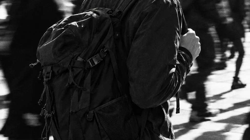 Black and white cinematic shot of a technical backpack slung over one shoulder on a busy pavement