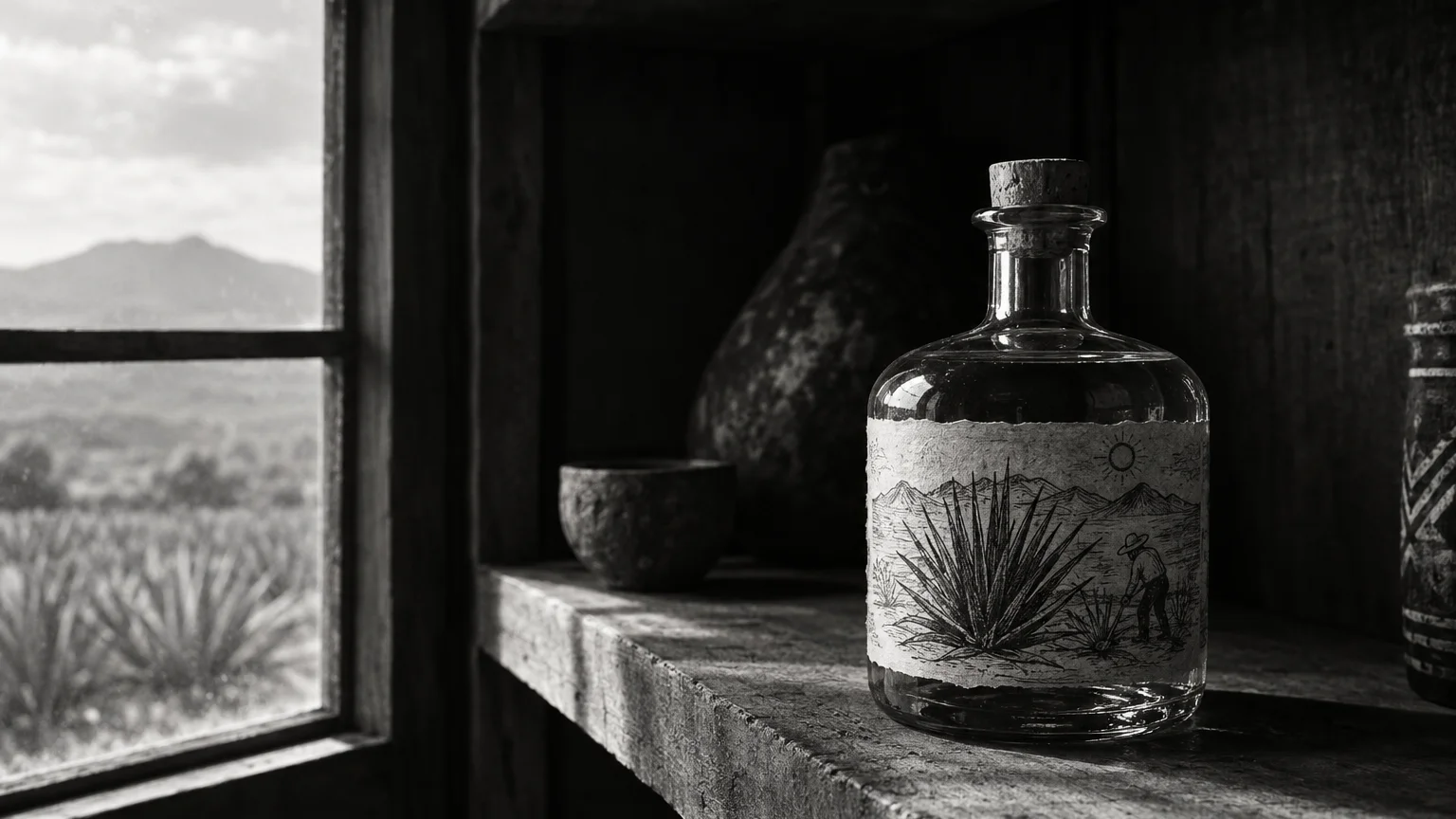 Black and white image of a squat mezcal bottle with a hand drawn label, sitting on rough wooden shelving