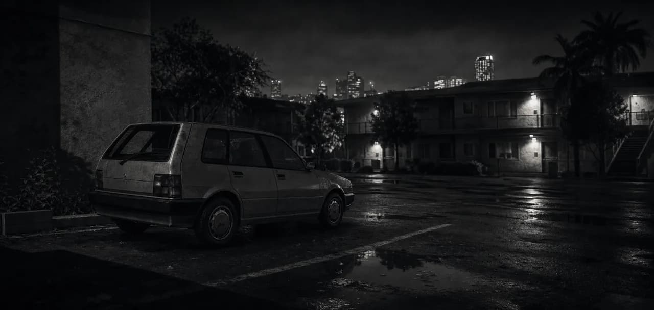 Black and white cinematic concept image of a compact economy hatchback parked in a quiet apartment lot at night