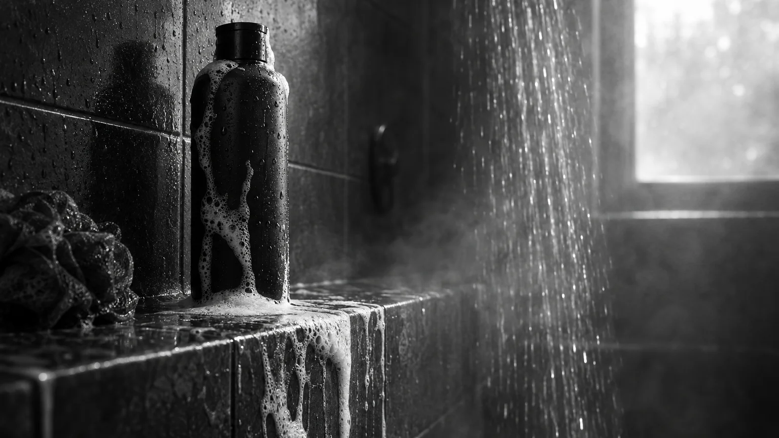 Black and white cinematic photograph of a body wash bottle on a shower ledge with lather and running water