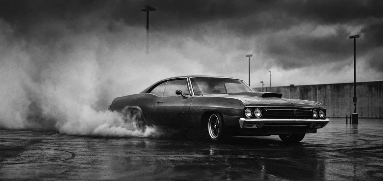 Black and white cinematic concept image of a classic American muscle car doing a burnout in an empty parking lot