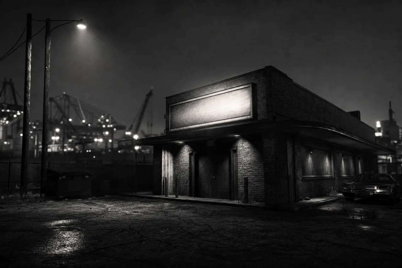 Gritty black and white exterior of a rough port-district strip club at night with a blank sign panel and cargo cranes in the distance