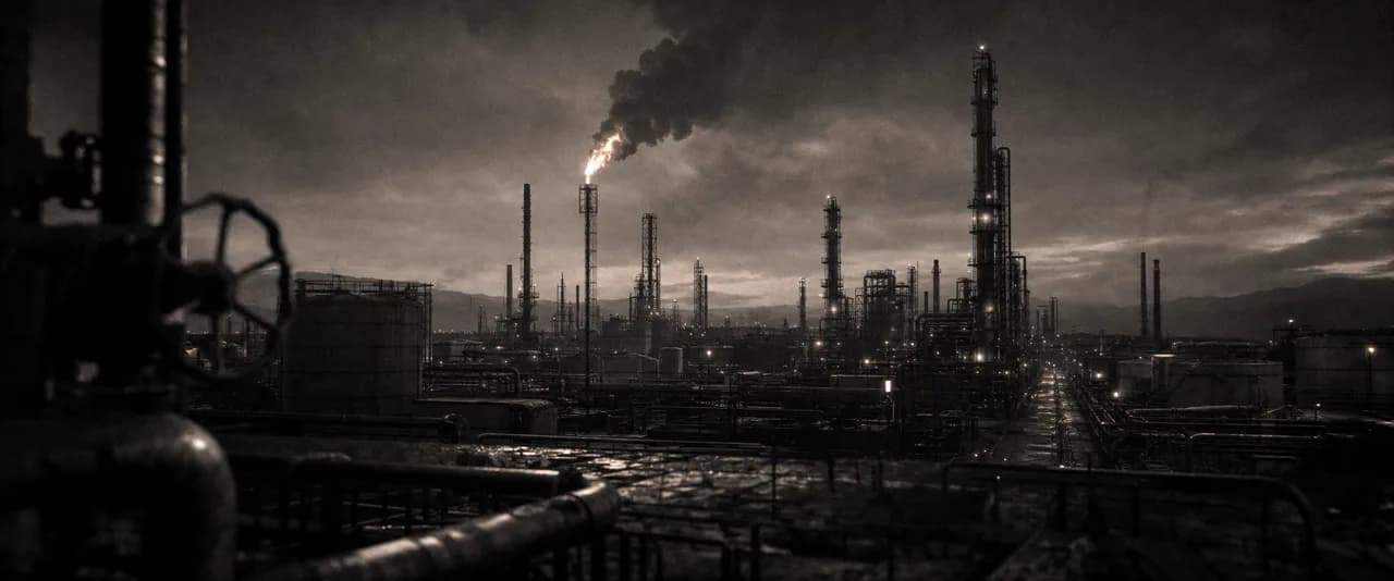 Black and white cinematic view of an oil refinery at dusk with distillation towers and a burning flare stack
