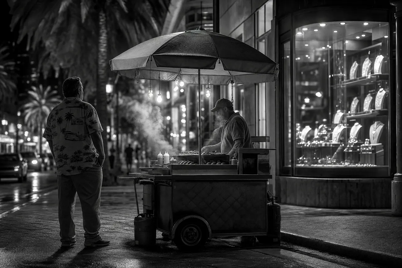 Black and white cinematic shot of a steaming hot dog cart on a jewellery district street with sparkling shop windows behind