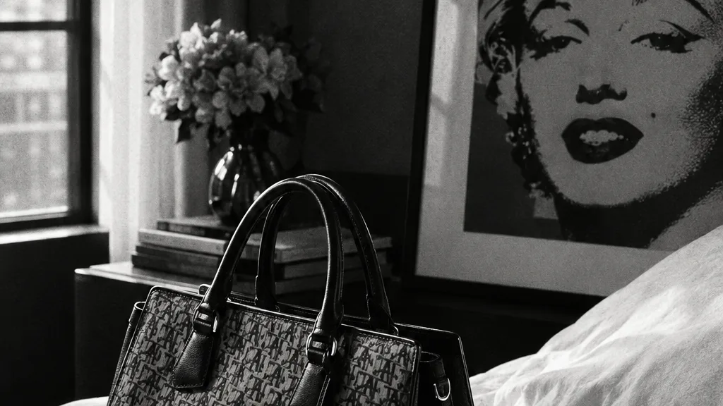 Black and white cinematic detail of a monogrammed designer handbag on a bed beside framed pop art