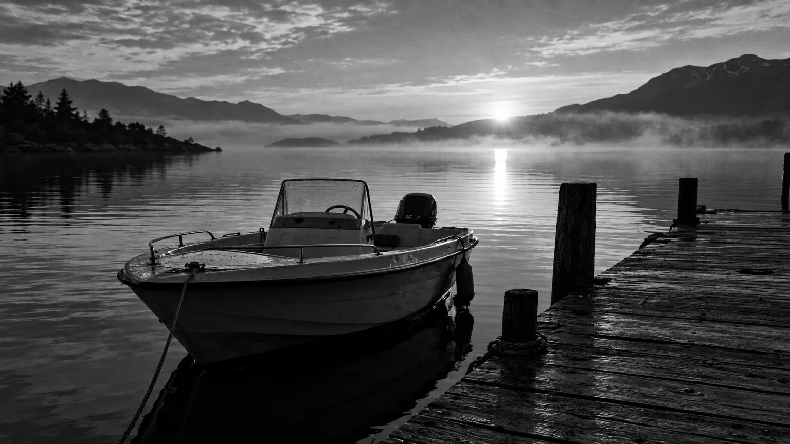 Black and white cinematic photograph of a small motorboat tied to a weathered dock at dawn