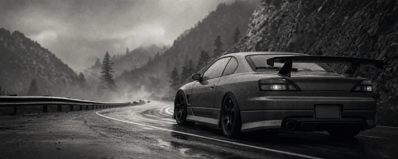 Black and white cinematic concept image of a tuned Japanese sport compact with a rear wing on a misty mountain road