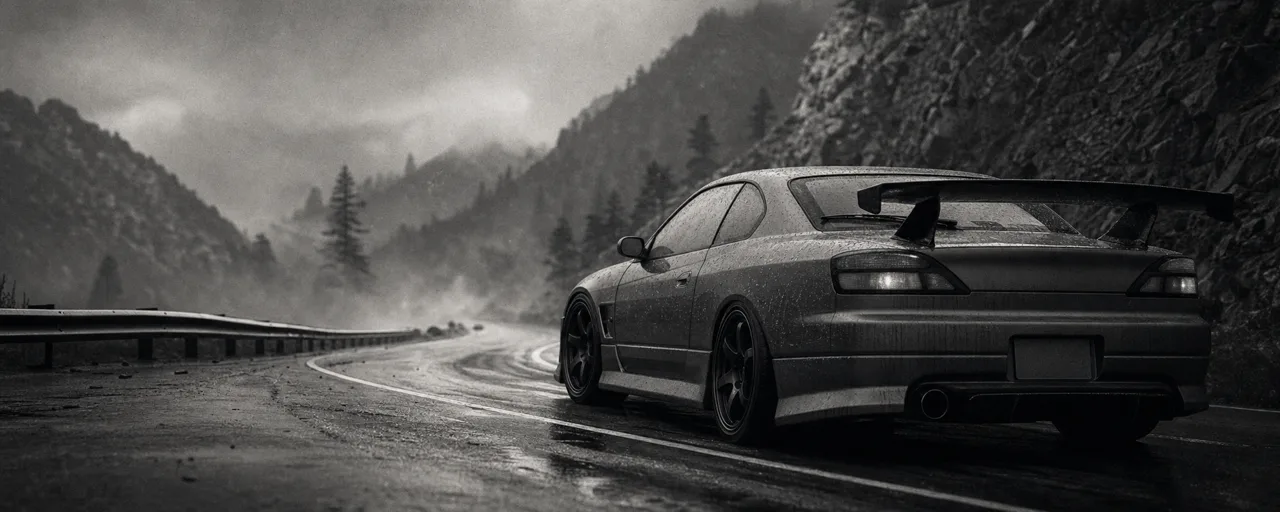 Black and white cinematic concept image of a tuned Japanese sport compact with a rear wing on a misty mountain road