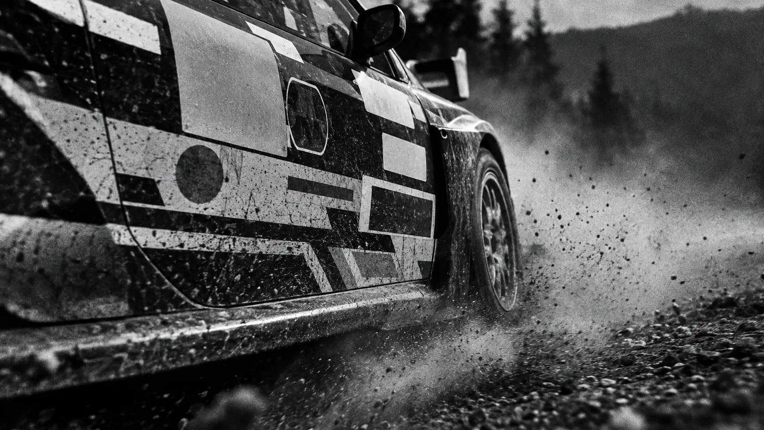 Black and white cinematic shot of sponsor decals plastered across the door panel of a rally car