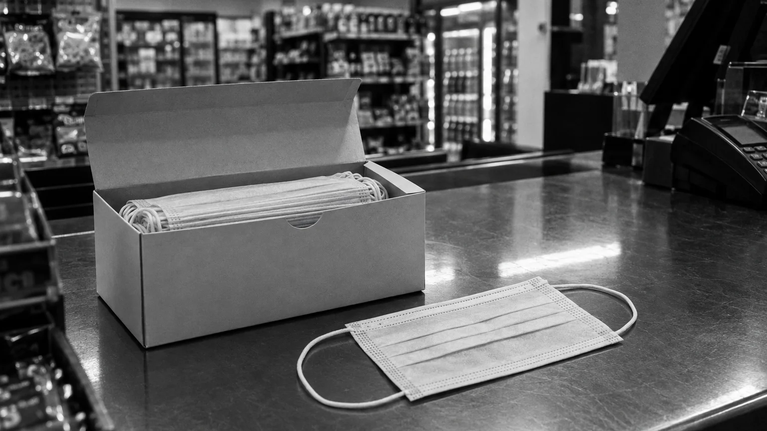 Black and white cinematic photograph of a box of disposable face masks on a shop checkout counter