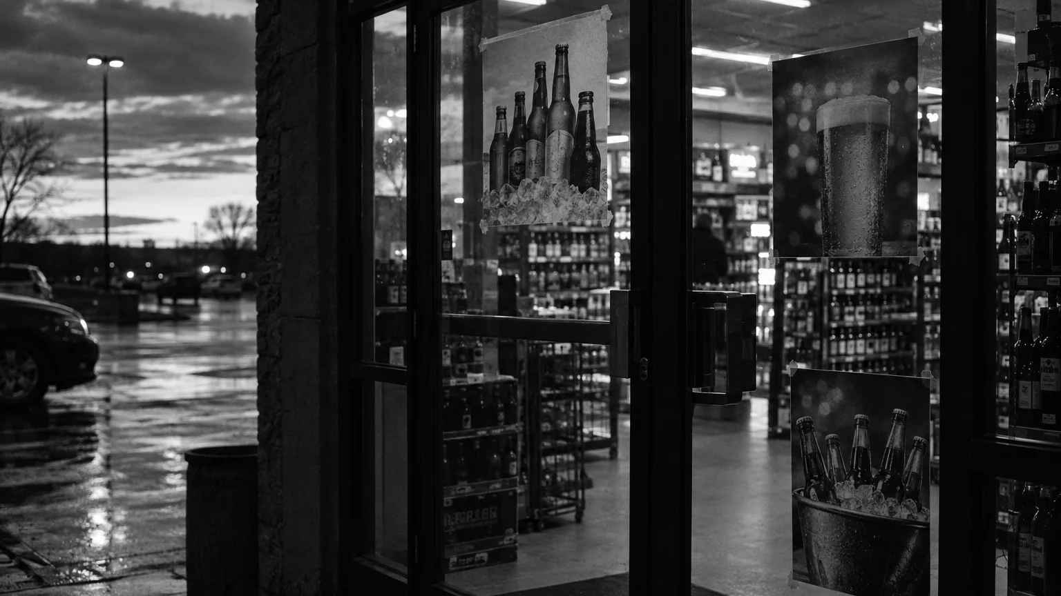 Black and white shot of a liquor store entrance at dusk with beer promotion posters taped inside the glass door