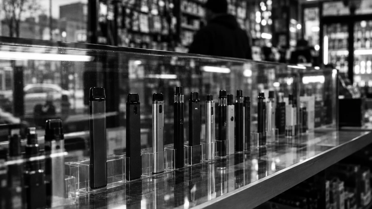 Black and white close-up of a vape display case on a bodega counter, slim devices lined behind glass