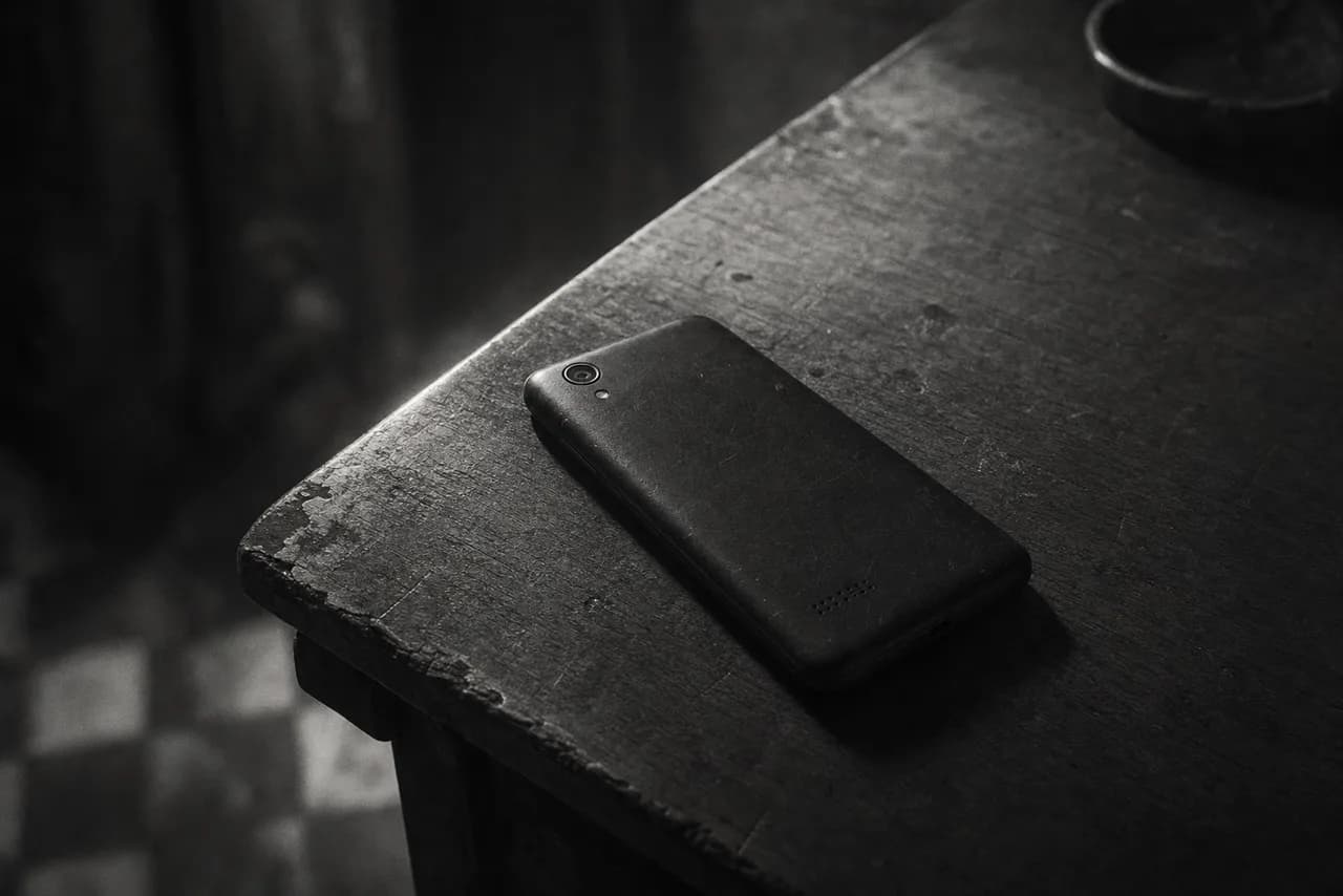 Black and white cheap budget smartphone lying face down on a worn scratched wooden table in dim light