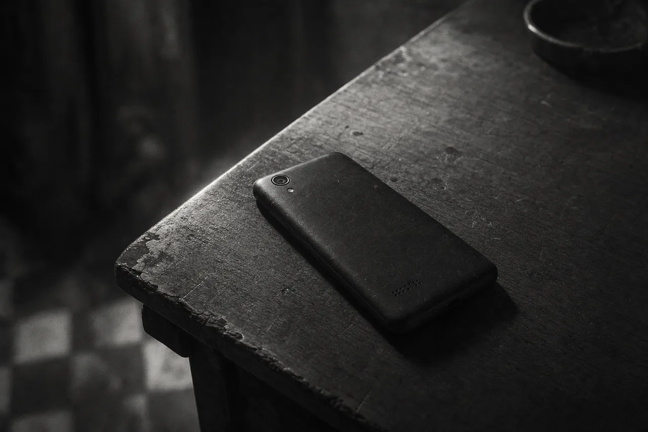 Black and white cheap budget smartphone lying face down on a worn scratched wooden table in dim light