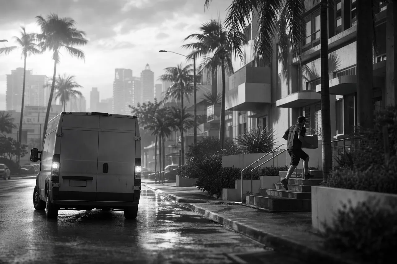 Black and white cinematic view of a courier van stopped mid-street and a courier jogging up steps with a box