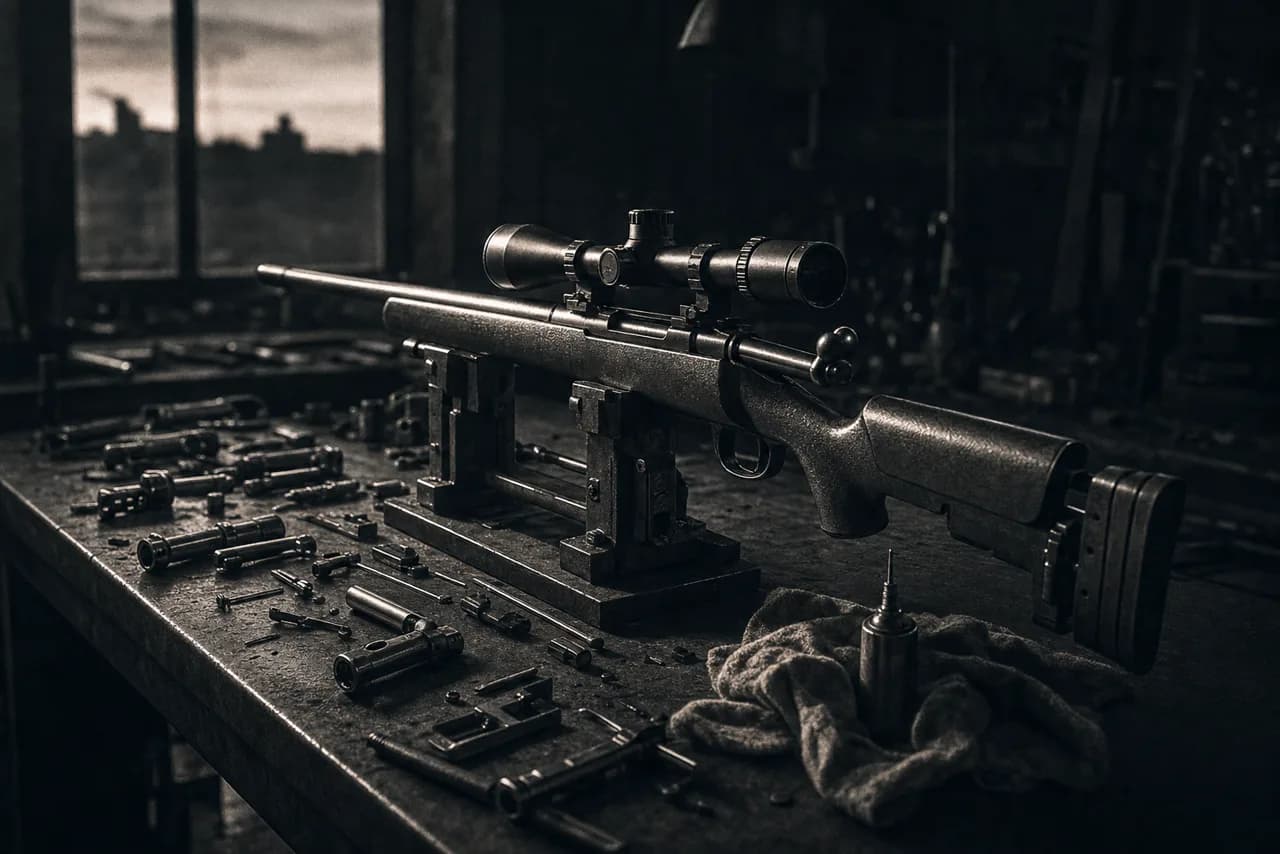 A precision rifle clamped in a vise on a gunsmith workbench scattered with machined metal parts at dusk.
