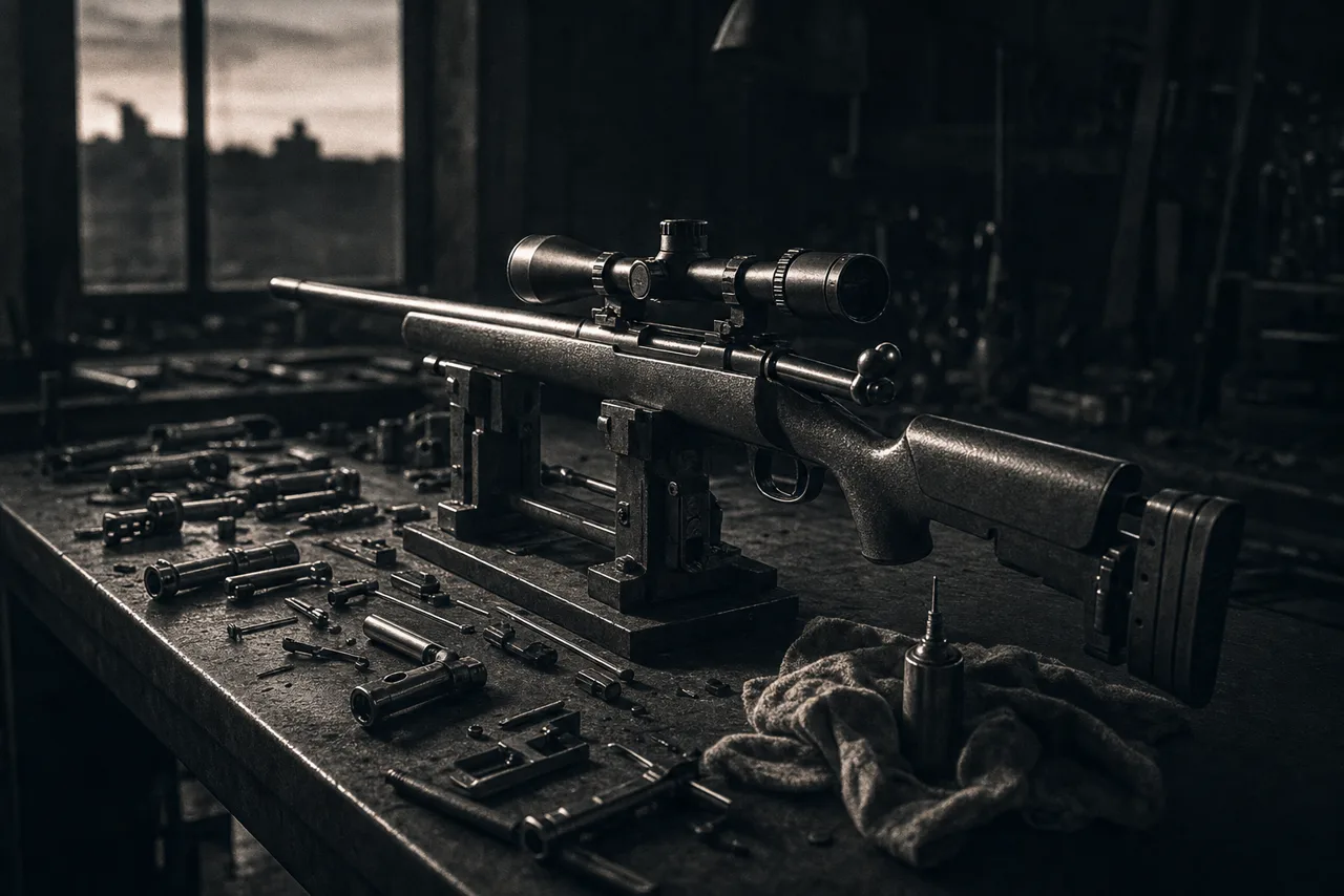 A precision rifle clamped in a vise on a gunsmith workbench scattered with machined metal parts at dusk.