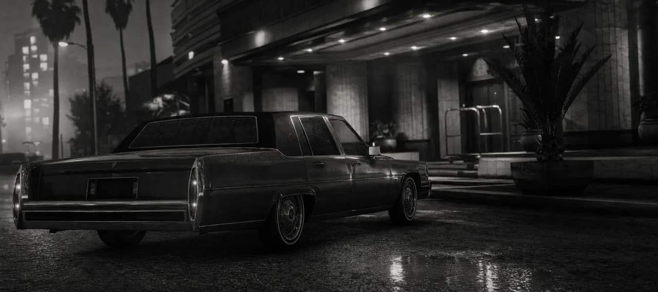 Black and white cinematic concept image of a large American luxury sedan with a vinyl roof outside a grand hotel entrance