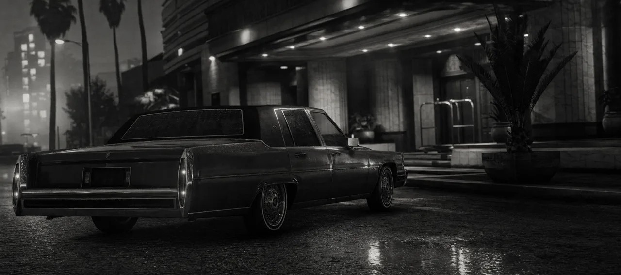 Black and white cinematic concept image of a large American luxury sedan with a vinyl roof outside a grand hotel entrance