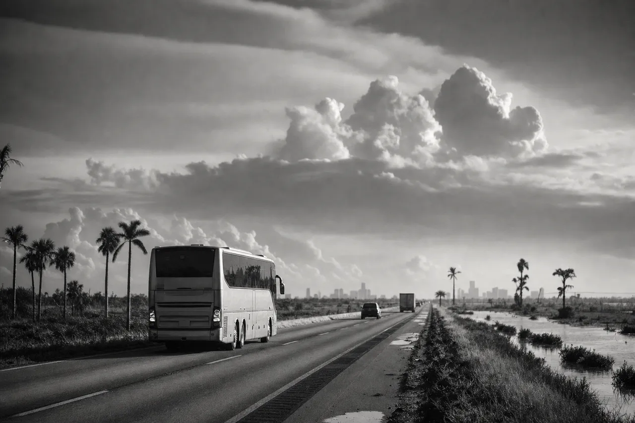 Black and white cinematic view of an intercity coach on a flat highway between swamplands under towering clouds