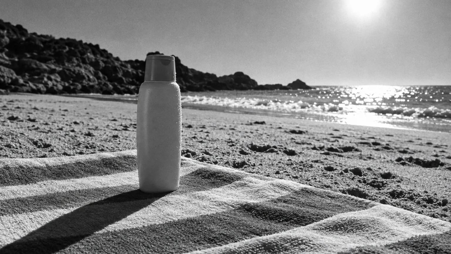 Black and white cinematic photograph of a sunscreen bottle casting a long shadow across a beach towel in harsh midday sun