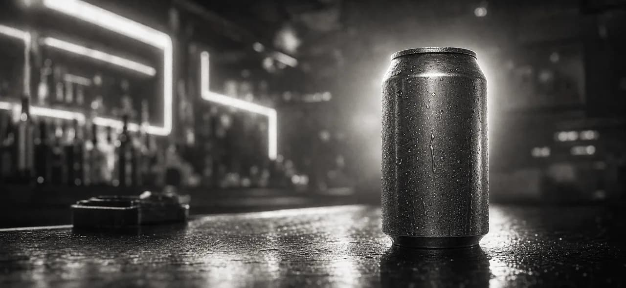 Black and white cinematic close-up of a frosty cola can on a wet bar counter with neon glow behind