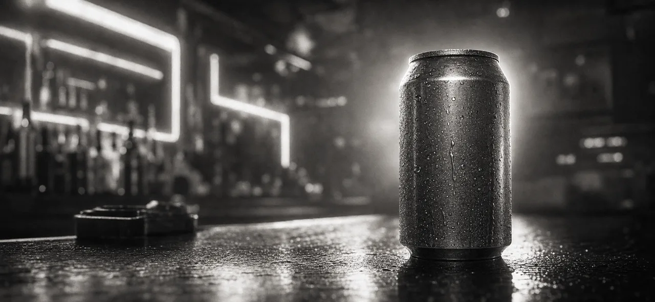 Black and white cinematic close-up of a frosty cola can on a wet bar counter with neon glow behind