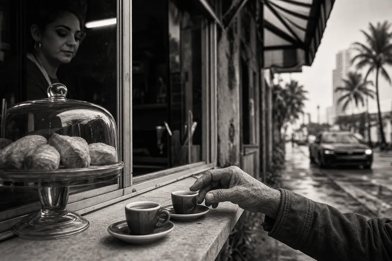 Black and white cinematic close-up of a Cuban cafe window counter with tiny espresso cups and pastries under glass