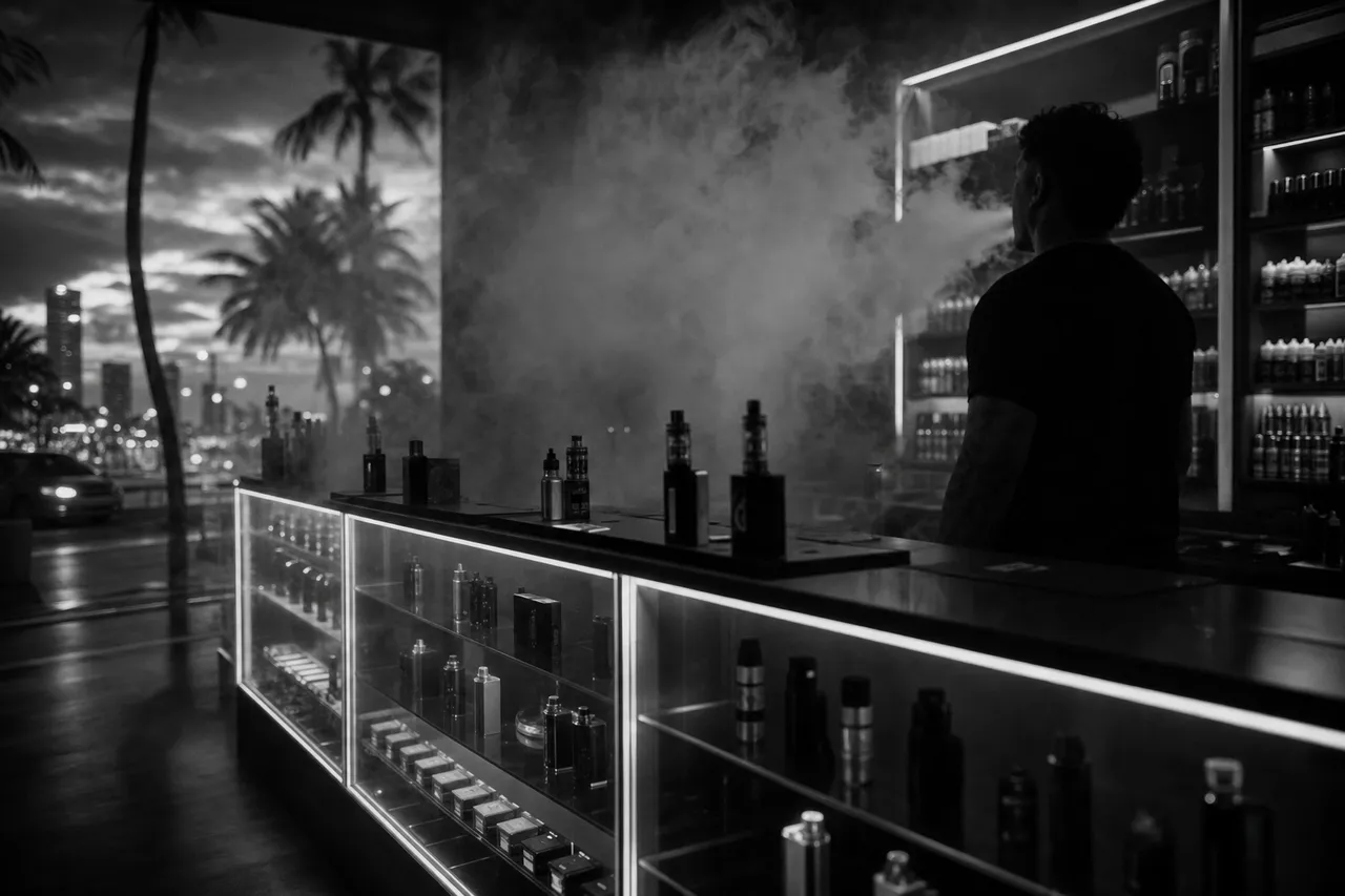 Black and white cinematic view of a vape shop counter with glass cabinets and a drifting vapour cloud