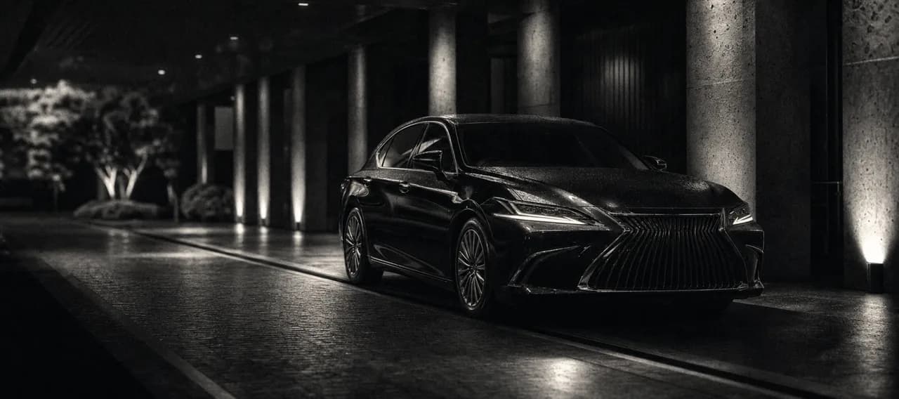Black and white cinematic concept image of a refined Japanese luxury sedan parked in a valet lane