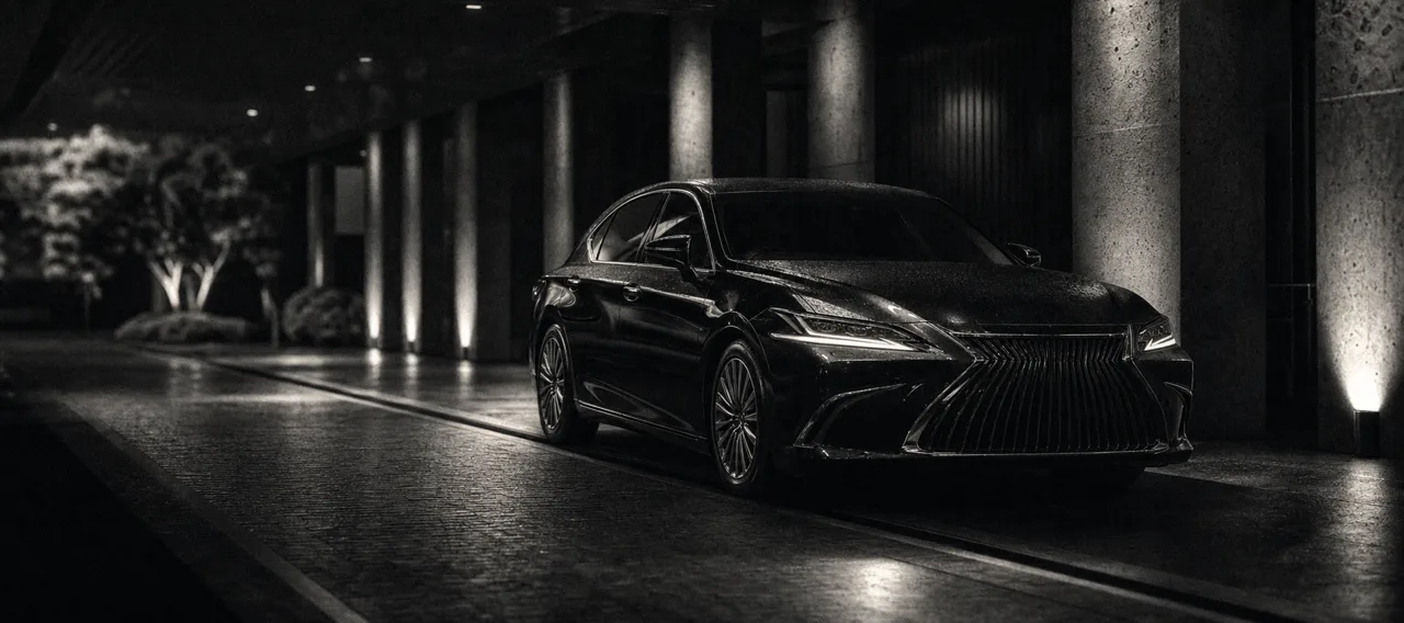 Black and white cinematic concept image of a refined Japanese luxury sedan parked in a valet lane