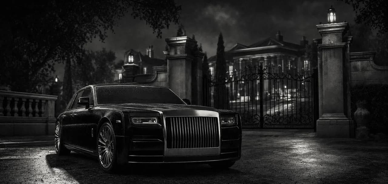 Black and white cinematic concept image of a stately ultra-luxury sedan with a tall upright grille before a mansion gate