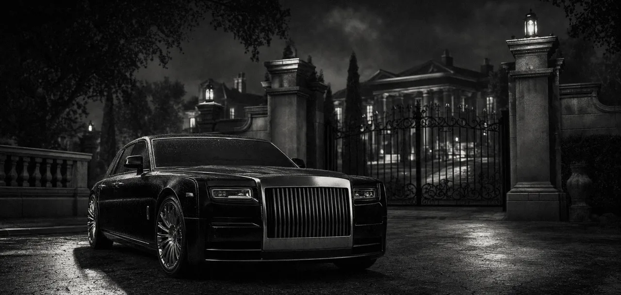 Black and white cinematic concept image of a stately ultra-luxury sedan with a tall upright grille before a mansion gate