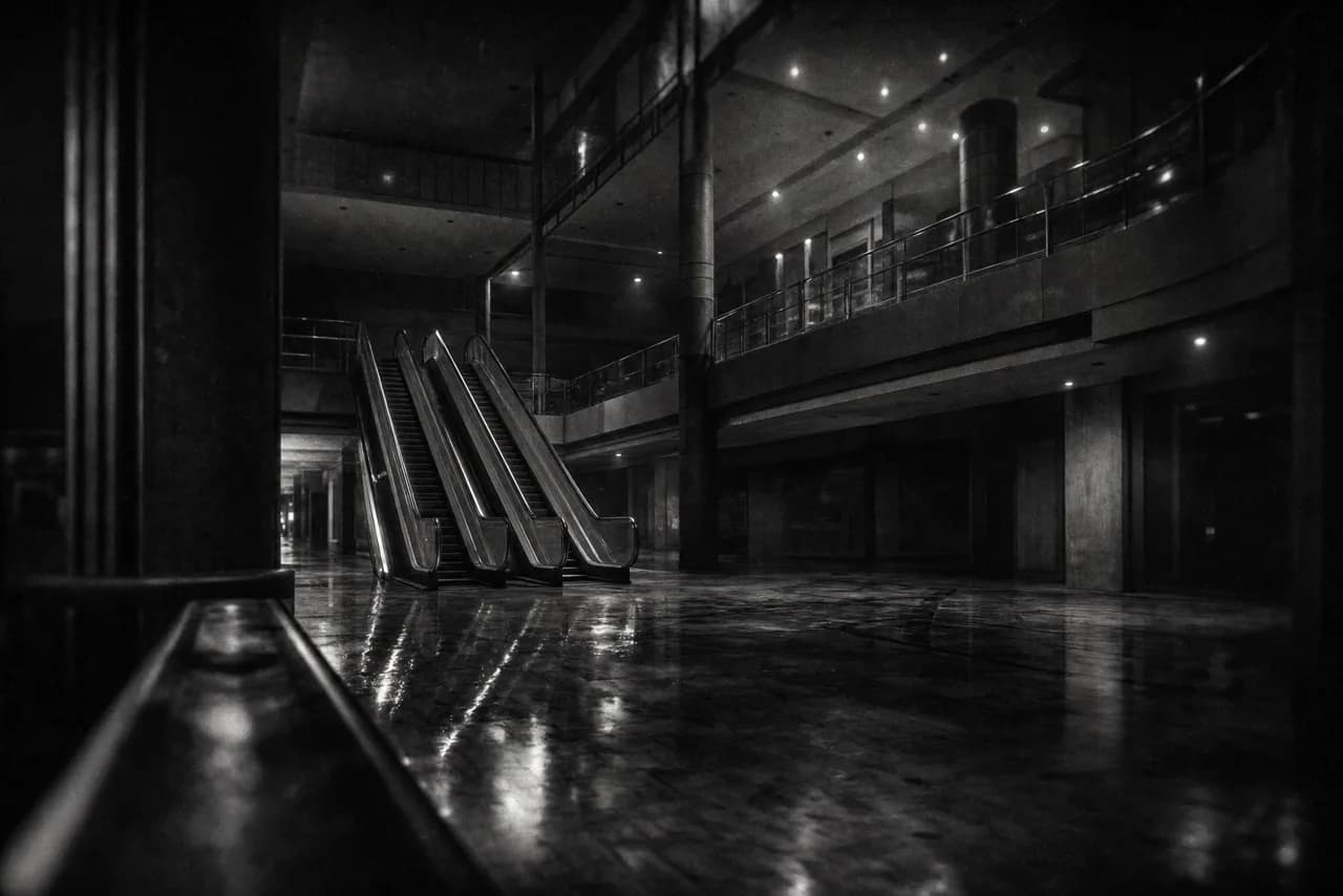 Black and white empty shopping mall atrium at night with twin escalators and a reflective polished floor