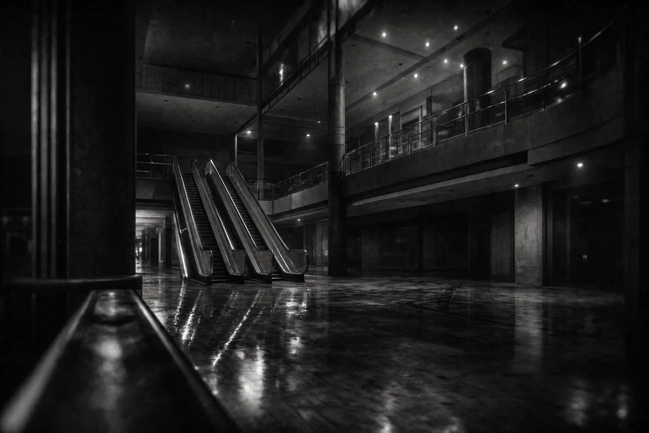 Black and white empty shopping mall atrium at night with twin escalators and a reflective polished floor