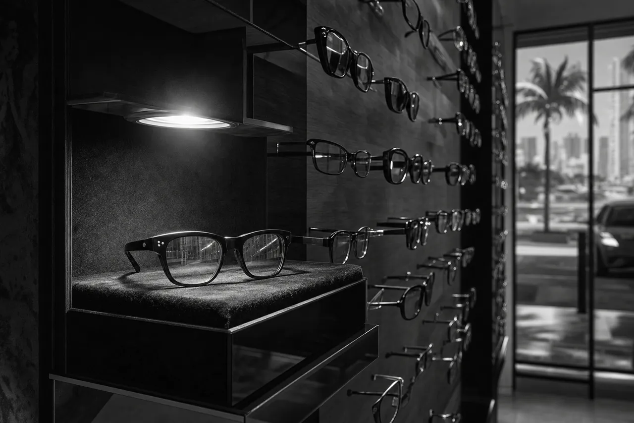 Black and white cinematic view of an opticians display wall with rows of eyeglass frames and one spotlit pair