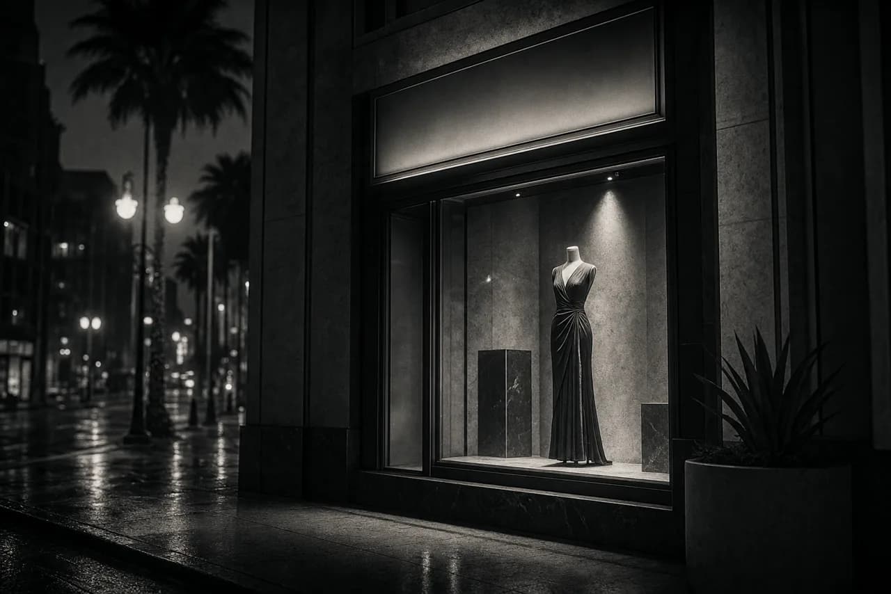Black and white exclusive fashion house storefront at night with a spotlit gowned mannequin in a plate glass window