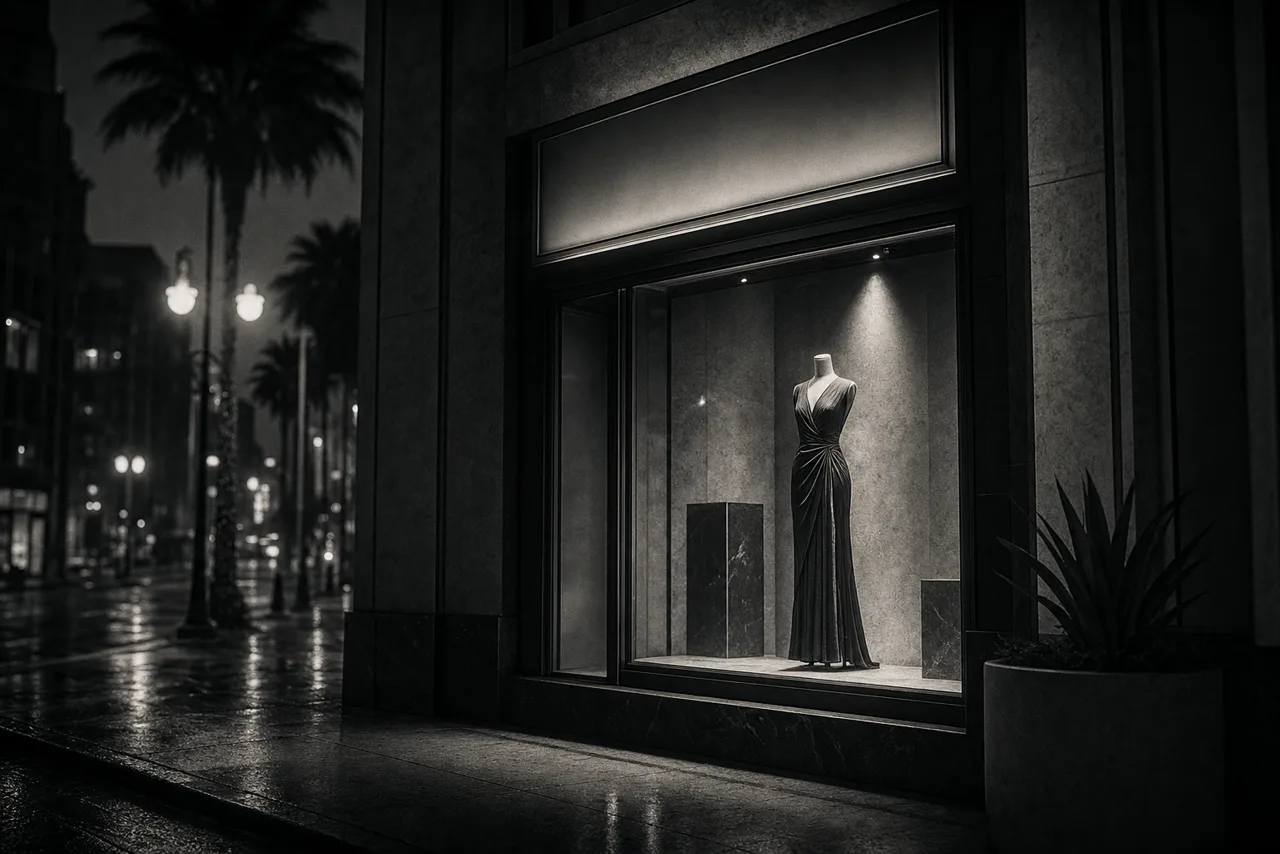 Black and white exclusive fashion house storefront at night with a spotlit gowned mannequin in a plate glass window