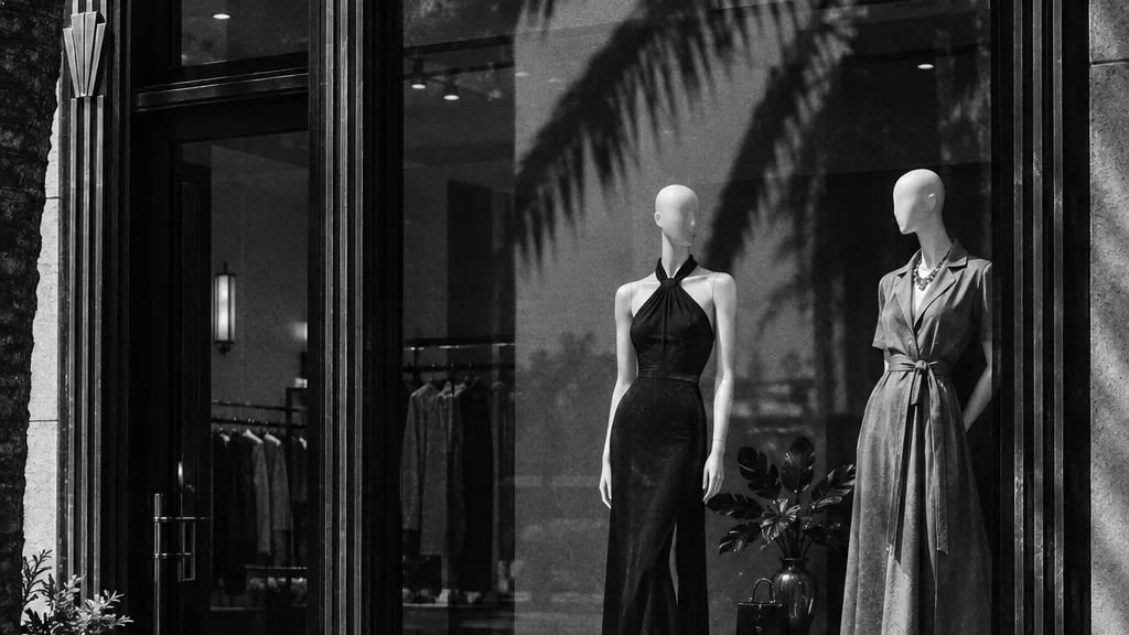 Black and white cinematic photograph of a small fashion boutique frontage with mannequins in the window
