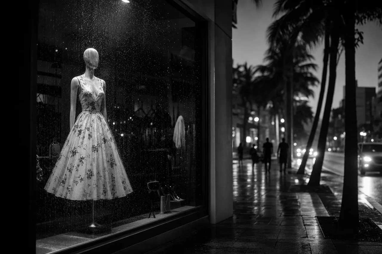 Black and white cinematic night view of a boutique window with a spotlit mannequin in a flared dress