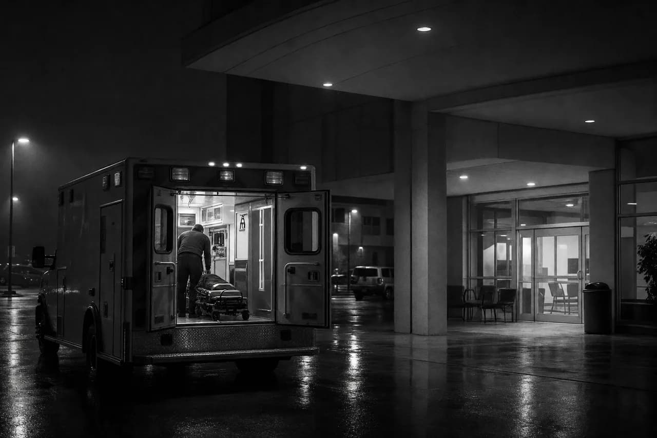 Black and white cinematic concept image of an ambulance parked under a hospital canopy at night with its rear doors open and light spilling onto wet asphalt