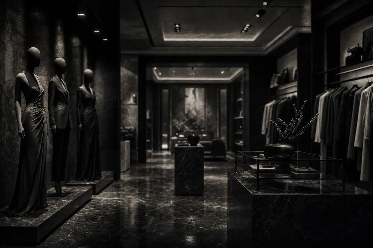 Black and white opulent luxury fashion boutique with marble floors and faceless mannequins in gowns