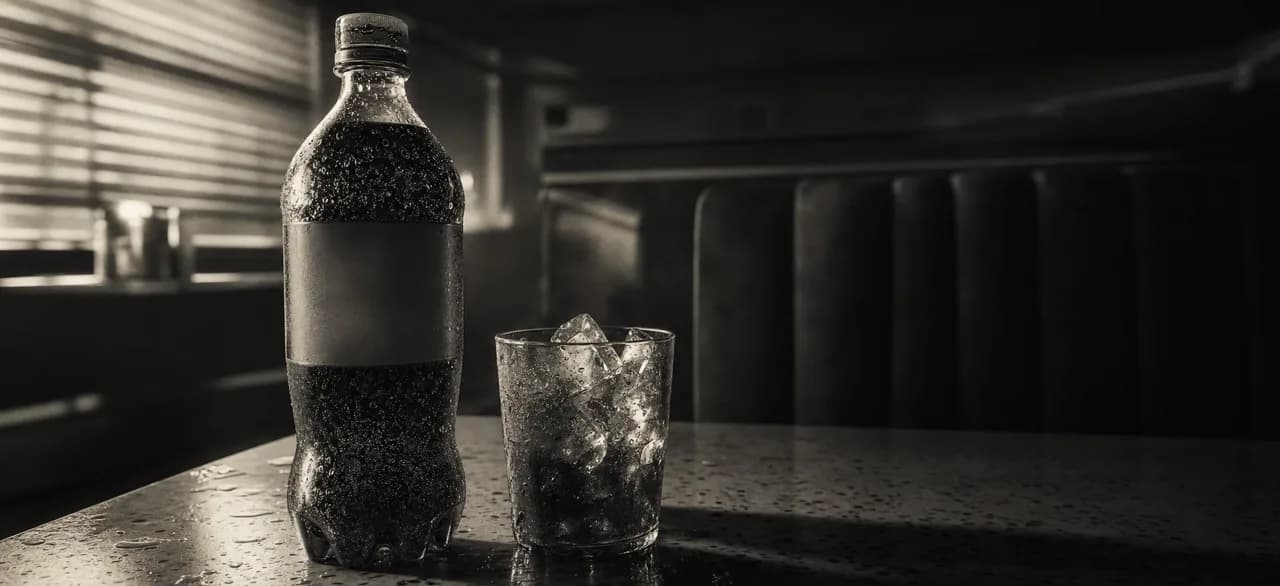Black and white cinematic close-up of a tall soda bottle beside a glass of ice on a diner table