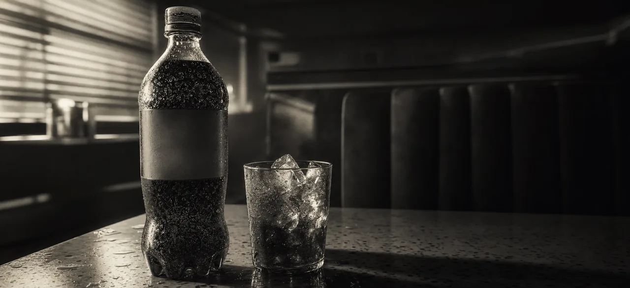 Black and white cinematic close-up of a tall soda bottle beside a glass of ice on a diner table