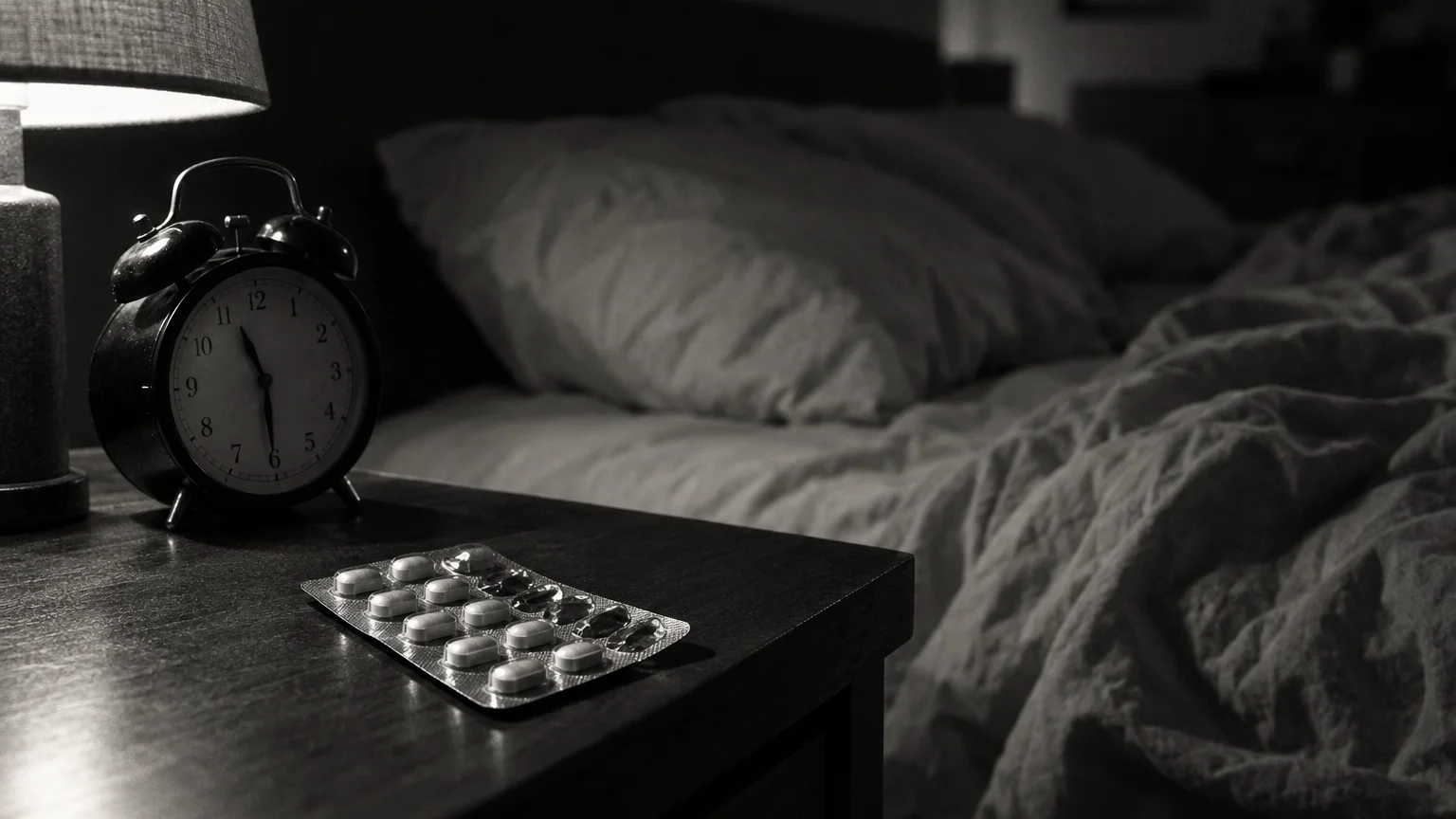 Black and white cinematic photograph of a blister pack of pills on a bedside table beside a clock in low lamp light