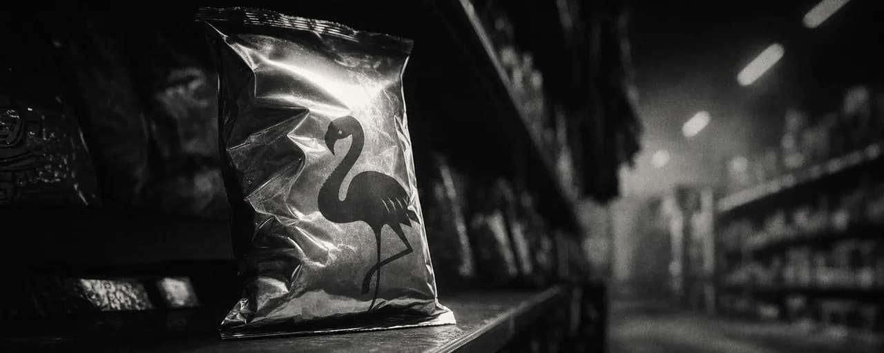 Black and white cinematic close-up of a foil snack bag with a flamingo silhouette on a dim store shelf
